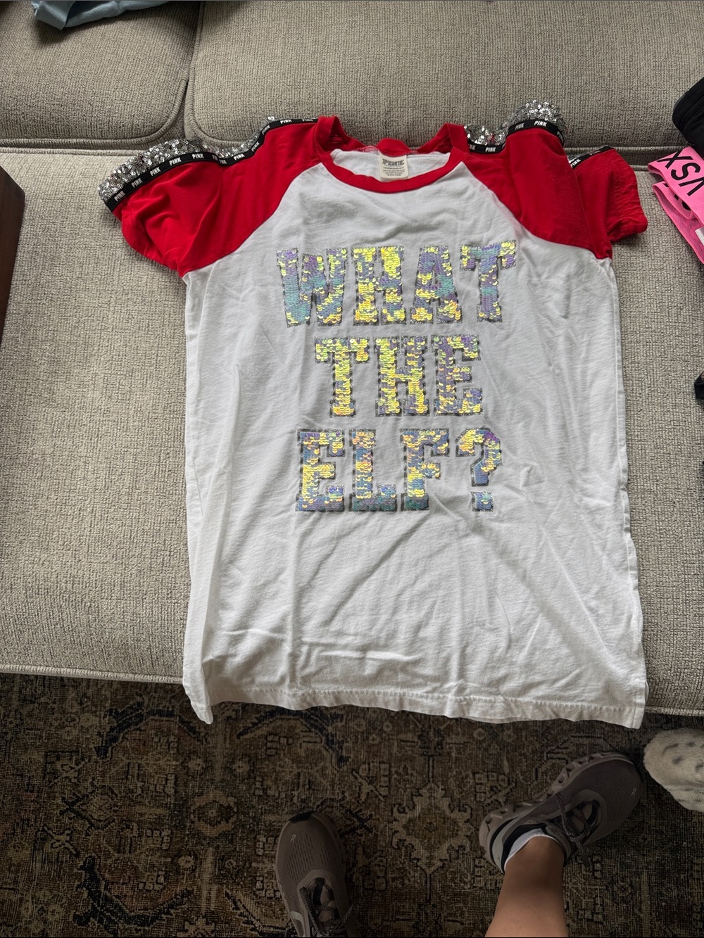 PINK Victoria's Secret White Tee with Red Raglan Sleeves & Sequin Lettering